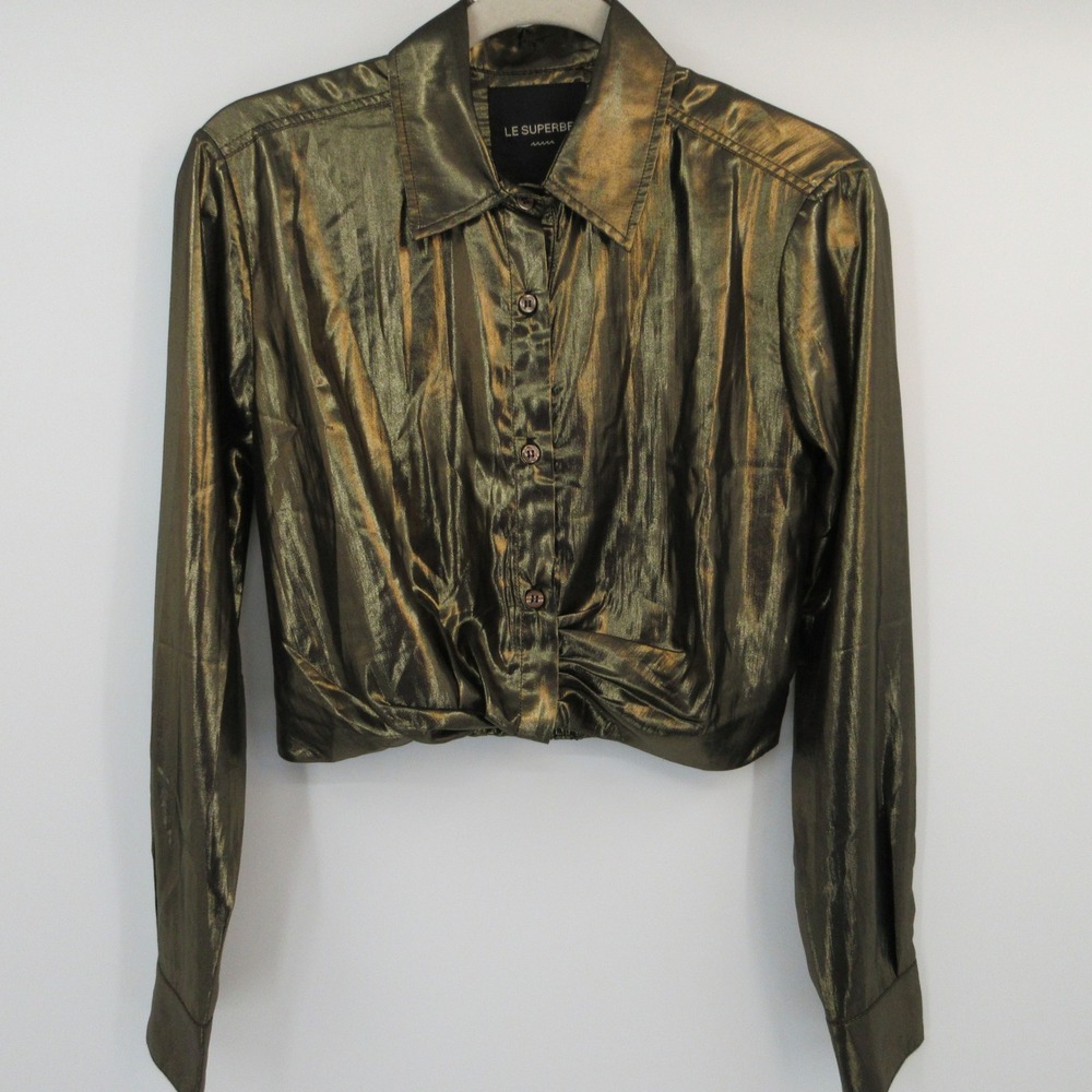 Le Superbe Womens Gold Metallic Cropped Button Down Shirt Blouse Size 2 Disco